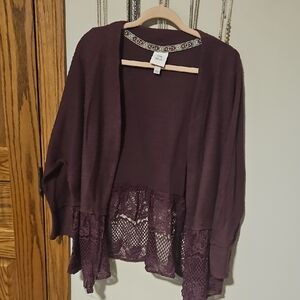 Knox Rose Plum Lace-Hem Open Cardigan